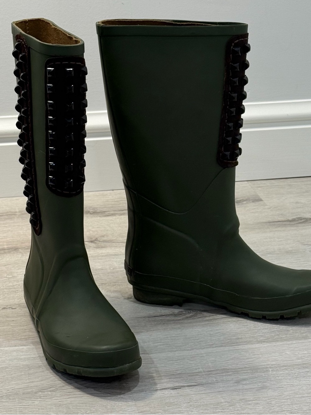 BCBGMaxAzria Dark Olive Green Studded Tall Rain Boots Size 9
